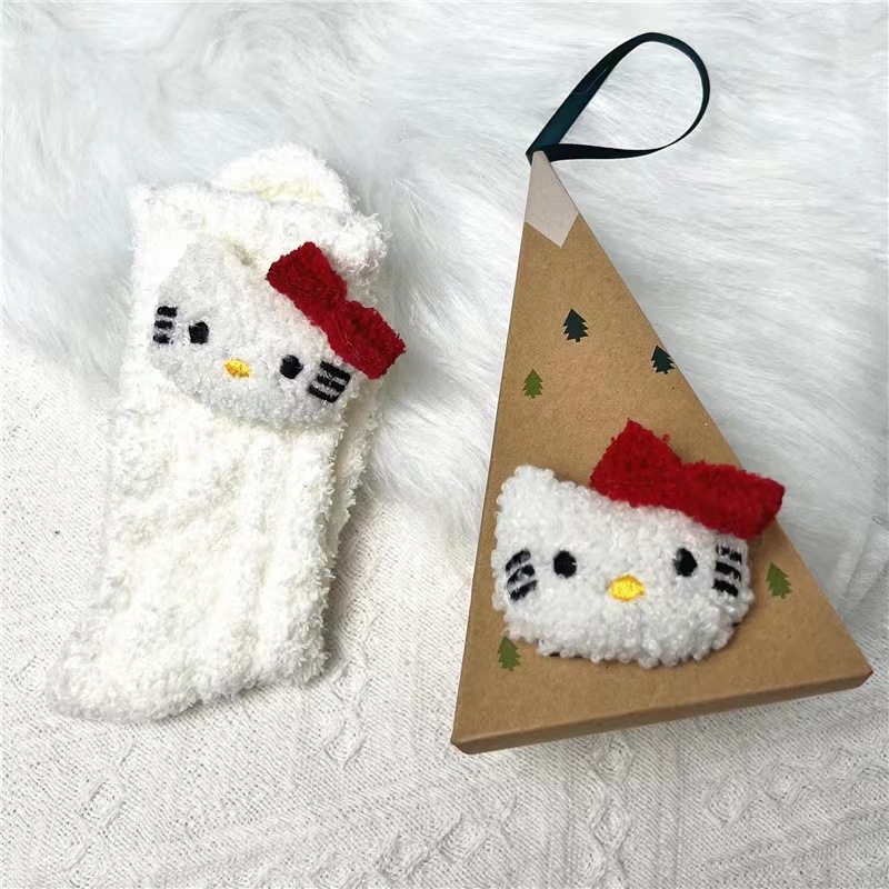 Calcetines de regalo de Navidad estilo caja de regalo de Hello Kitty, estilo pareja, de felpa de coral, de moda en TikTok, para mujer