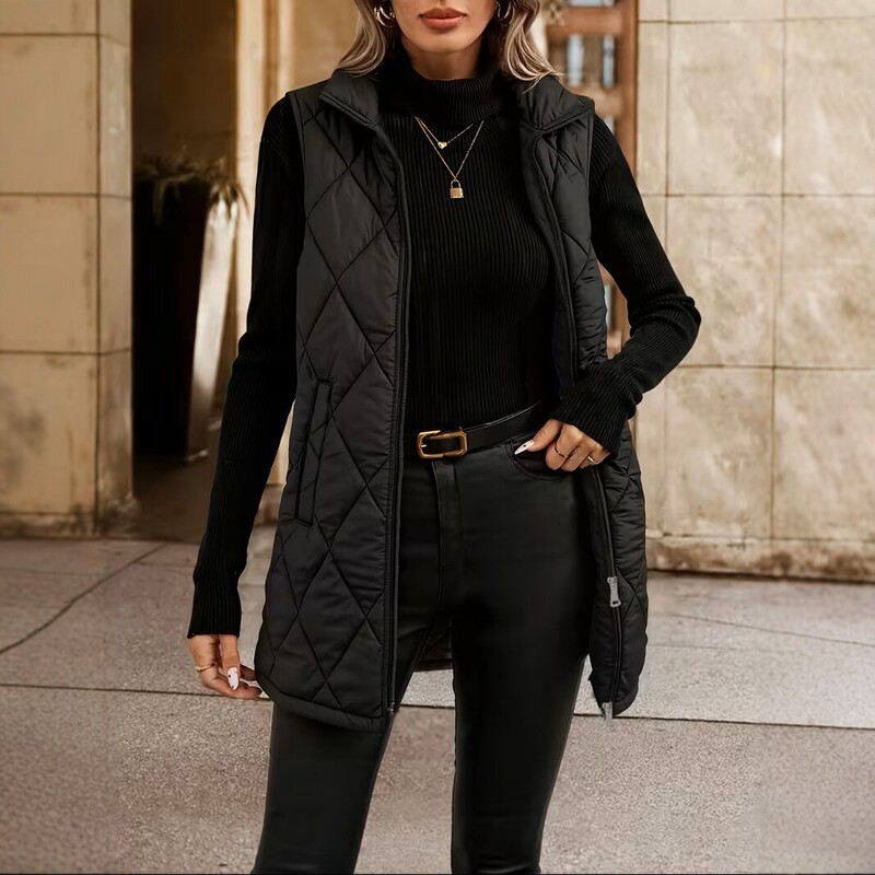 Quilted Stand-Collar Vest for Women, Winter Warm Outerwear, Slim-Fit Diamond-Pattern Sleeveless Coat, Mid-Length Fashion Trend