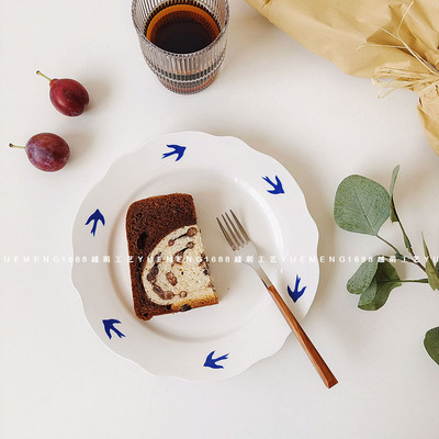 21年新款燕子图案陶瓷盘花边釉下彩家用菜盘甜品盘子网红拍照餐具|ru