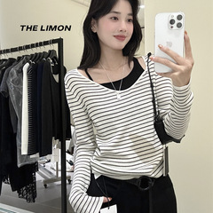 thelimon柠檬绿茶2025秋季新款设计感假两件针织衫女显瘦打底上衣