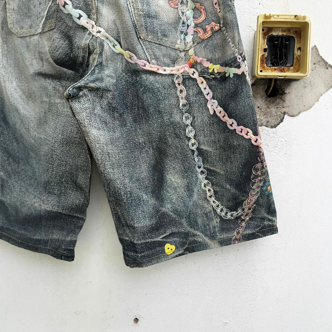 High Version AC Classic Candy Style 3D Printing Flower Wrong Picture Low Waist Loose Denim Shorts for Men and Women
