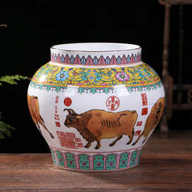 景德镇陶瓷鱼缸定制 中式仿古五牛图陶瓷缸粉彩瓷器工艺摆件礼品