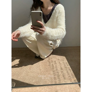 易恩欧inbyin软糯毛绒v领毛衣开衫外套女高级感宽松长袖针织上衣