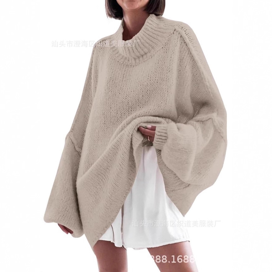 跨境欧美超大毛衣半领长袖上衣女2025秋冬时尚新款针织套头毛衣女