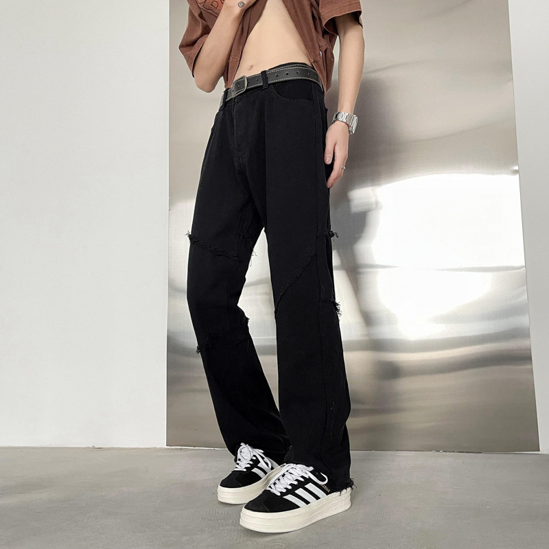 Jeans de empalme masculinos primavera y otoño piernas anchas sensación de colgar pantalones rectos sueltos nicho sensación de diseño de estilo americano de alta calidad
