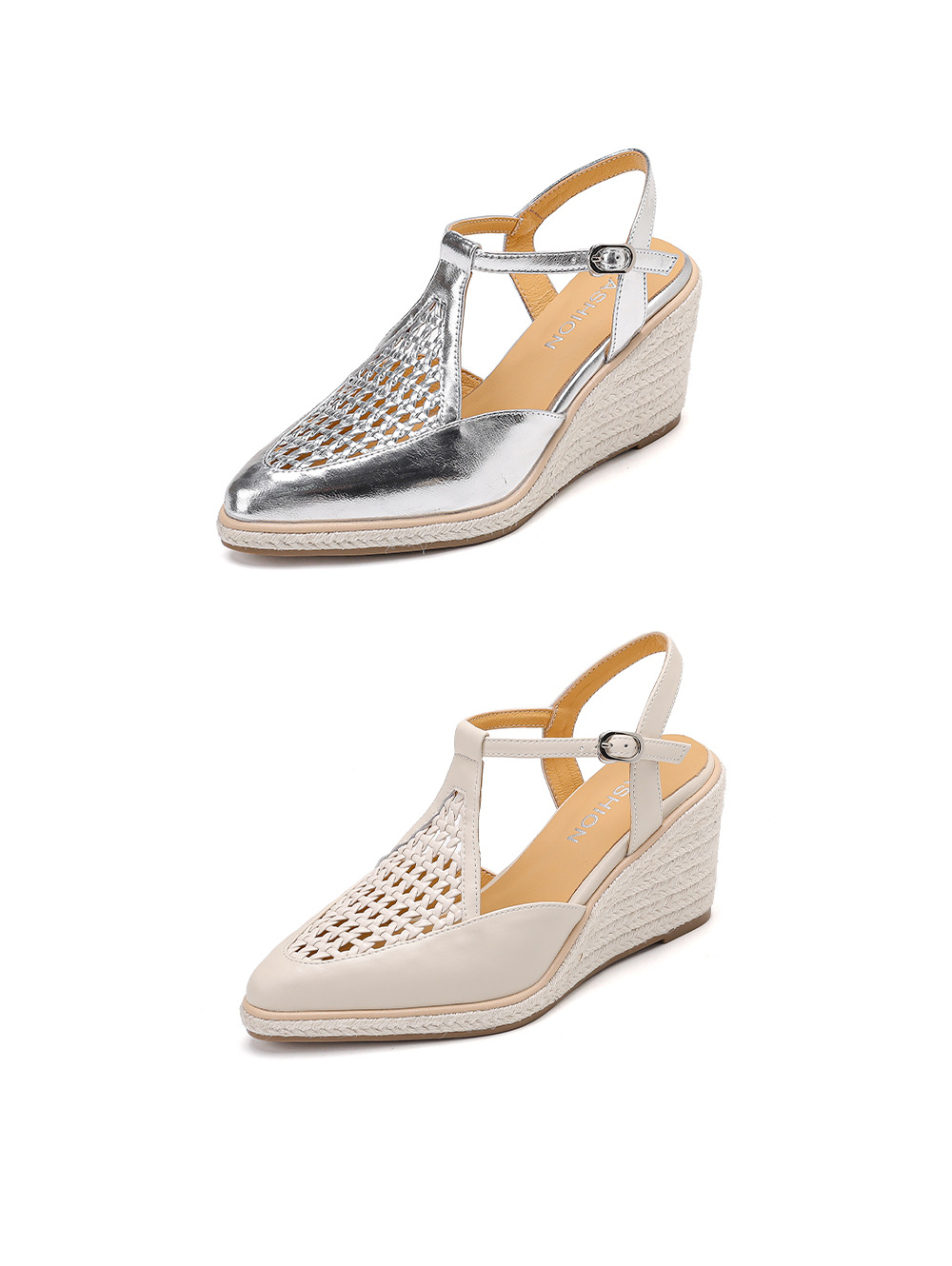 Sandal cao gót nữ hở mũi đế xuồng đan rơm, quai chữ T kiểu La Mã, gót 7.5 cm — màu trắng ngà, bạc chi tiết 20