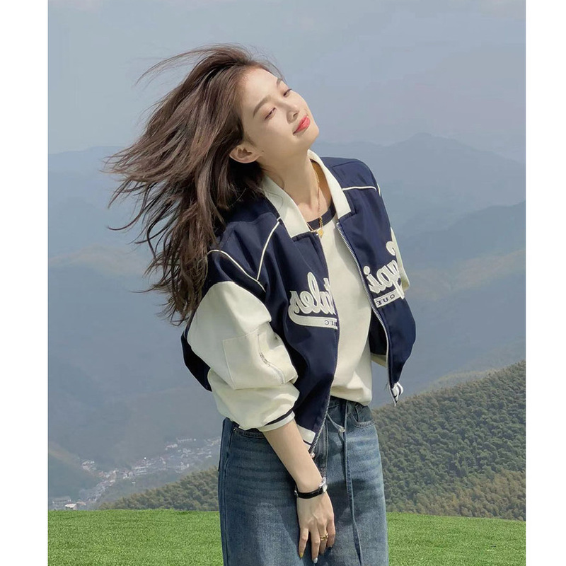 2025年新款美式复古米蓝拼色短款棒球服外套女春秋小众设计感夹克|undefined