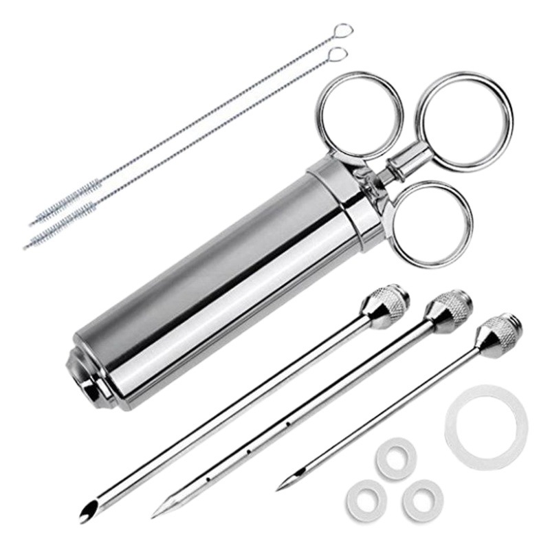 Tres agujas de acero inoxidable condimento Turquía jeringa Turquía aguja 2OZ con cepillo de limpieza herramientas de barbacoa de autoproducción y Comercialización
