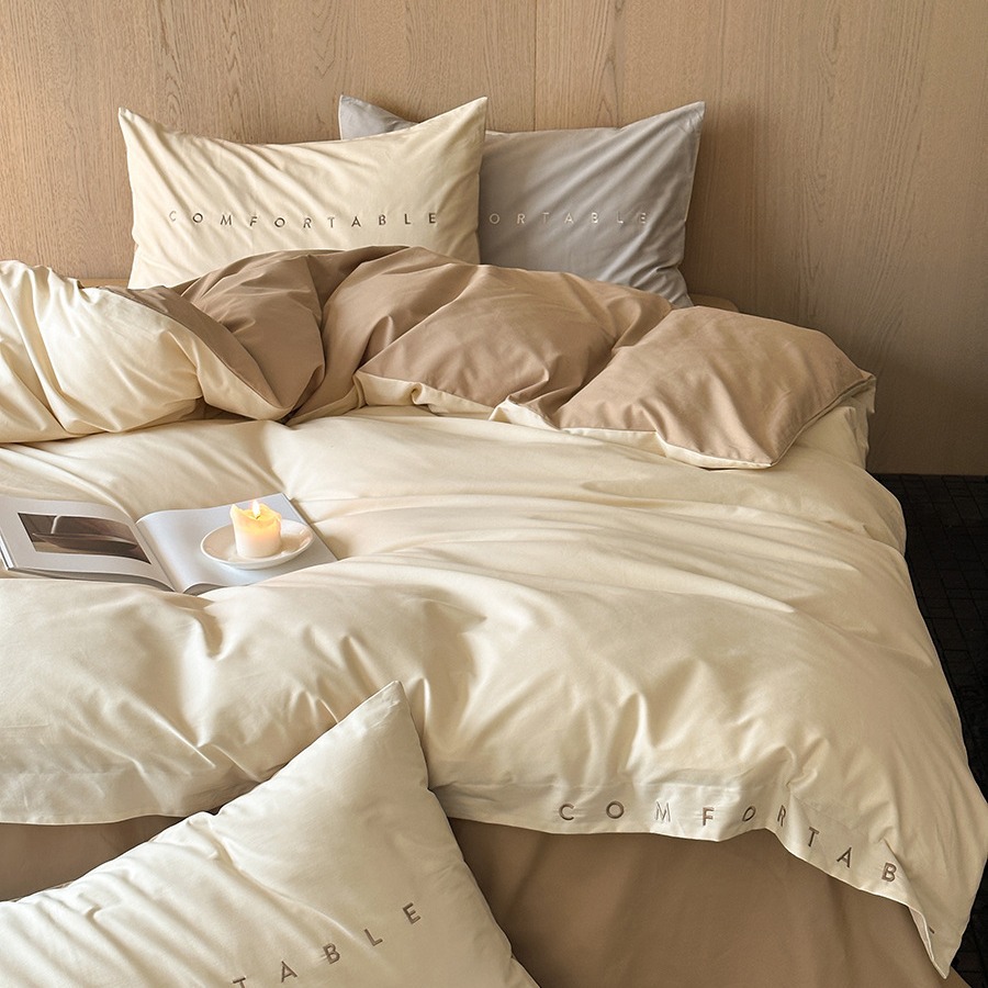 Hong Kong style minimalist solid color double stitching embroidery bedding super soft bedding autumn and winter thickened pure cotton brushed four-piece home textile