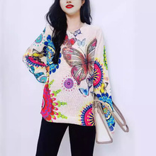 春秋外穿大码女装蝴蝶花朵印花针织套头衫长袖圆领撞色毛衣通勤风