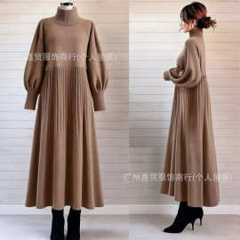 25年现货日韩连衣裙2025秋冬新款大弹力高领毛织连衣裙女