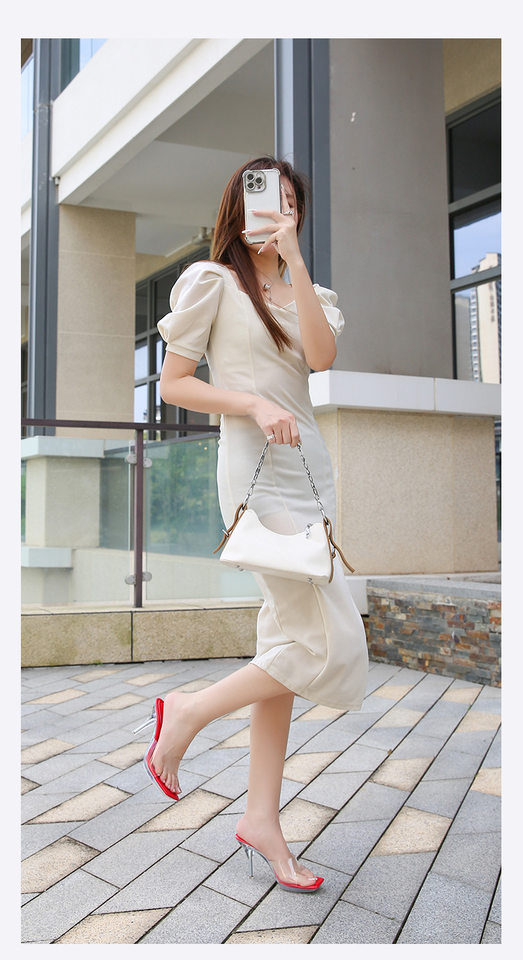 Dép sandal nữ mũi vuông trong suốt gót nhọn hở gót phong cách Âu Mỹ — Màu bạc, Màu hồng, Màu mơ, Màu trắng chi tiết 16
