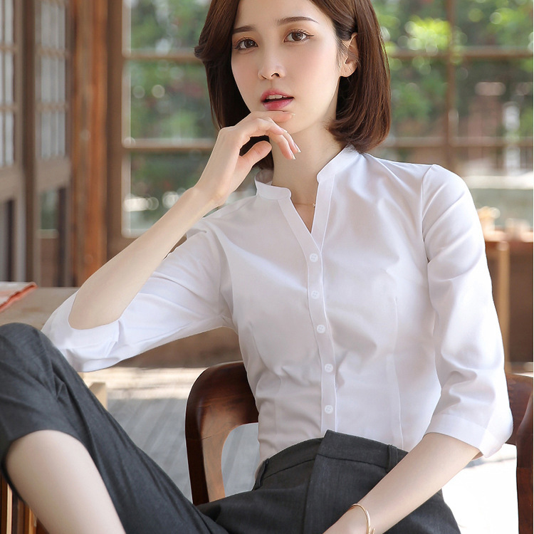 White Professional Shirt Women's Short-Sleeved V Neck Workwear 2025 New Commuter Slim Stand-Up Collar Shirt 4S Store Work Clothes