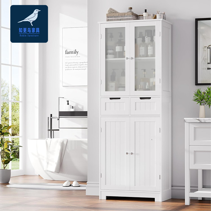 White Simple High Cabinet Bathroom Toiletries Storage Cabinet Bathroom Floor Rack Shampoo Bath Towels Cabinet