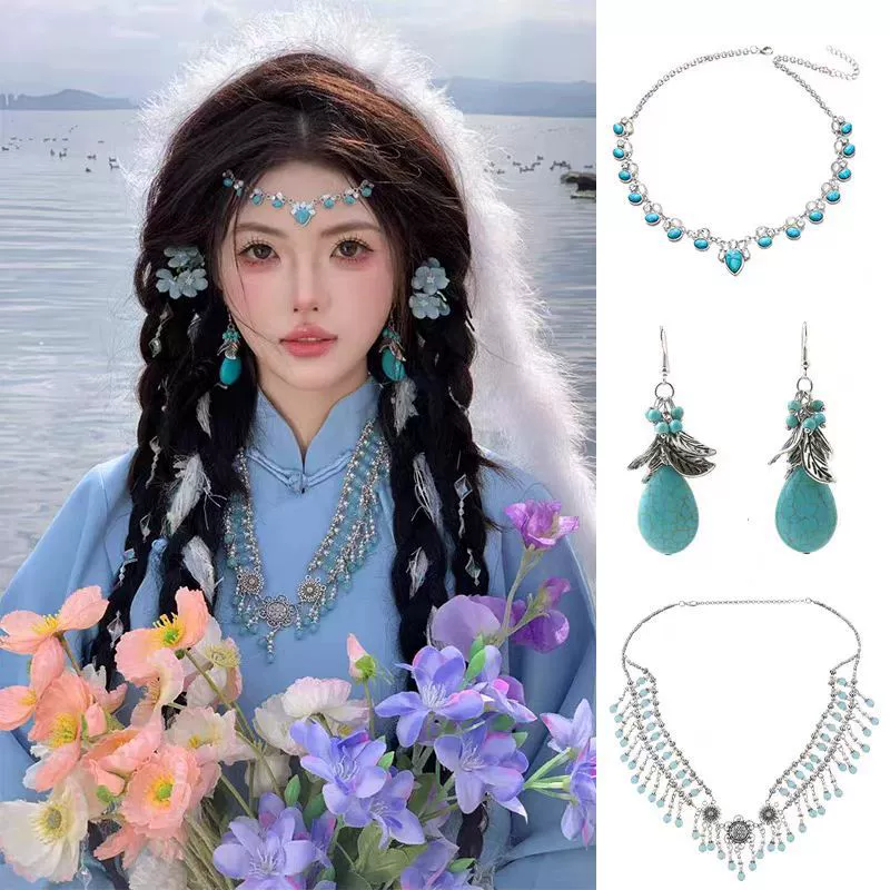 Этнический стиль, богемное ожерелье с кисточками, бирюзовое ожерелье, серьги-цепочки для бровей, комплект в стиле ретро, ​​костюм в этническом стиле