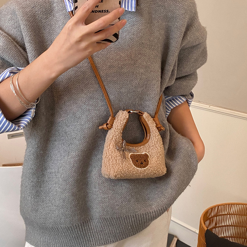Otoño y invierno lindos bolsos de peluche para niños de dibujos animados osos arco niñas bolsos de hombro mini bolsos de bebé
