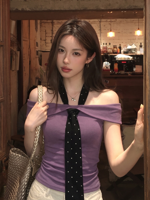 1*1 Customizable Snow Cake Sweetheart Pure Desire Spicy Girl Polka Dot Tie One-Shoulder T-Shirt Halter Design Ruched Slimming Top