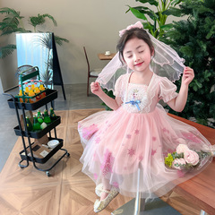 Princess Elsa Baby Dress 2024 New Edition Baby Chiffon Short-Sleeve Dress Children's Formal Dress Princess Dress