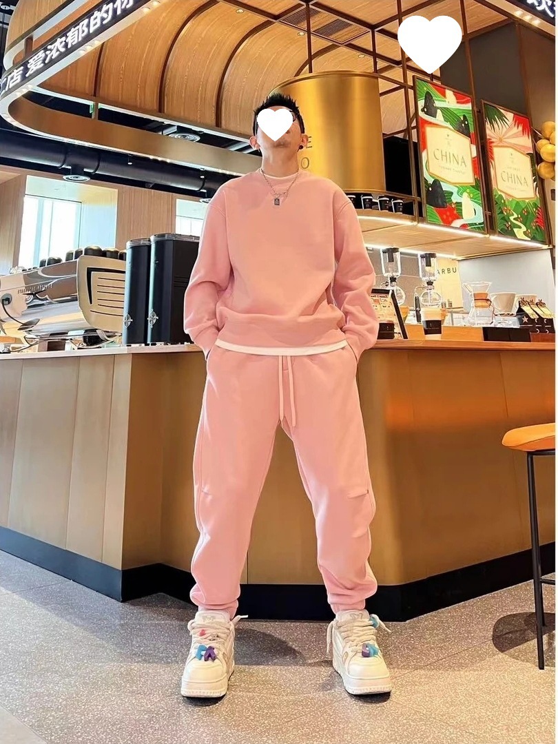 남자 올 매치 느슨한 라운드 넥 스웨터 투피스 겨울 기모 두꺼운 단색 가짜 투피스 캐주얼 세트