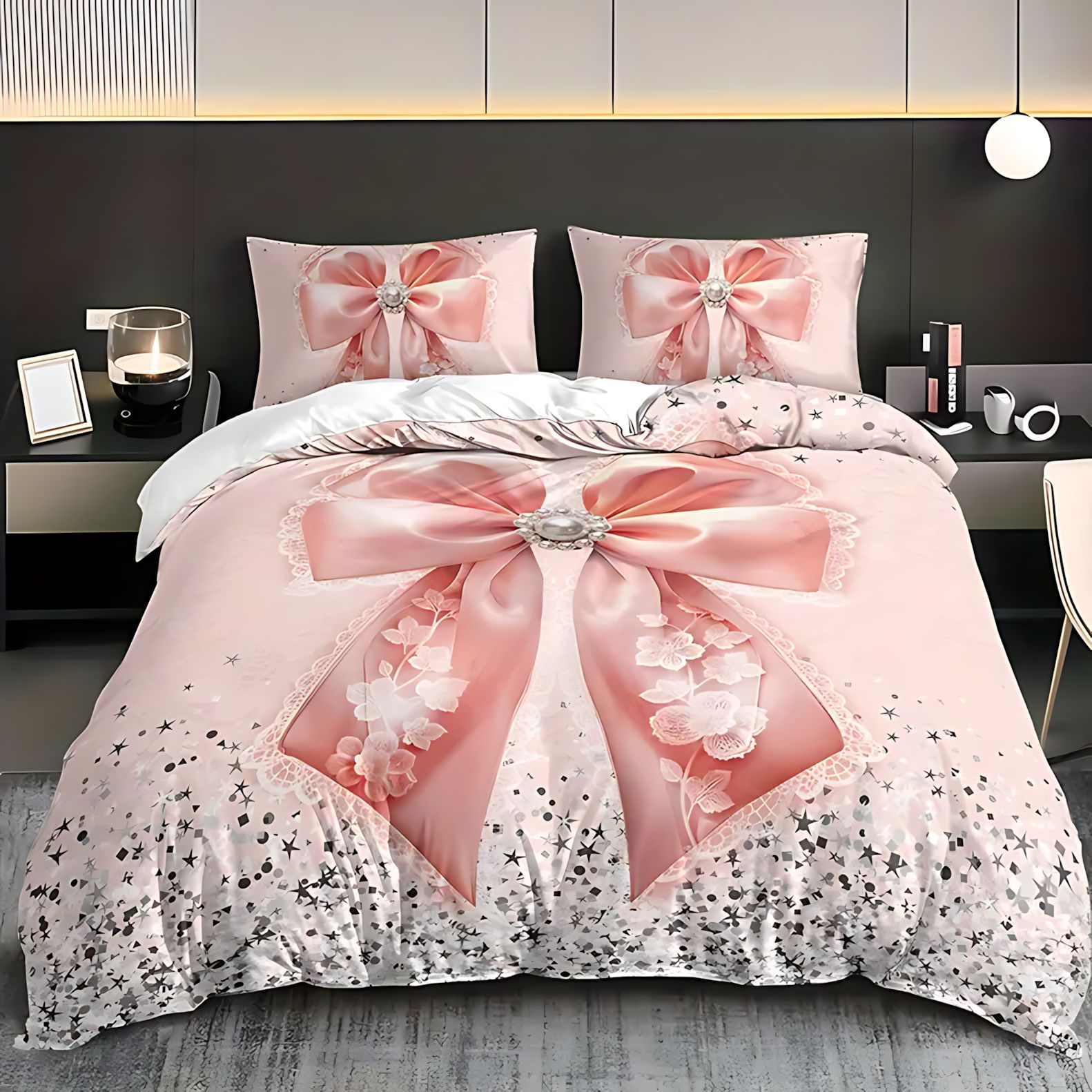 TUME / JIT transfronterizo gran arco de encaje brillante polvo HD impresión digital colcha de cama set