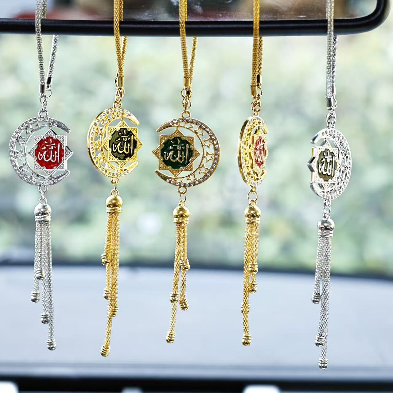 Golden Star and Moon Enamel Car Pendant, 3D Scripture Car Hanging Ornament, Diamond-Encrusted Rearview Mirror Tassel Decoration, Cross-Border Wholesale