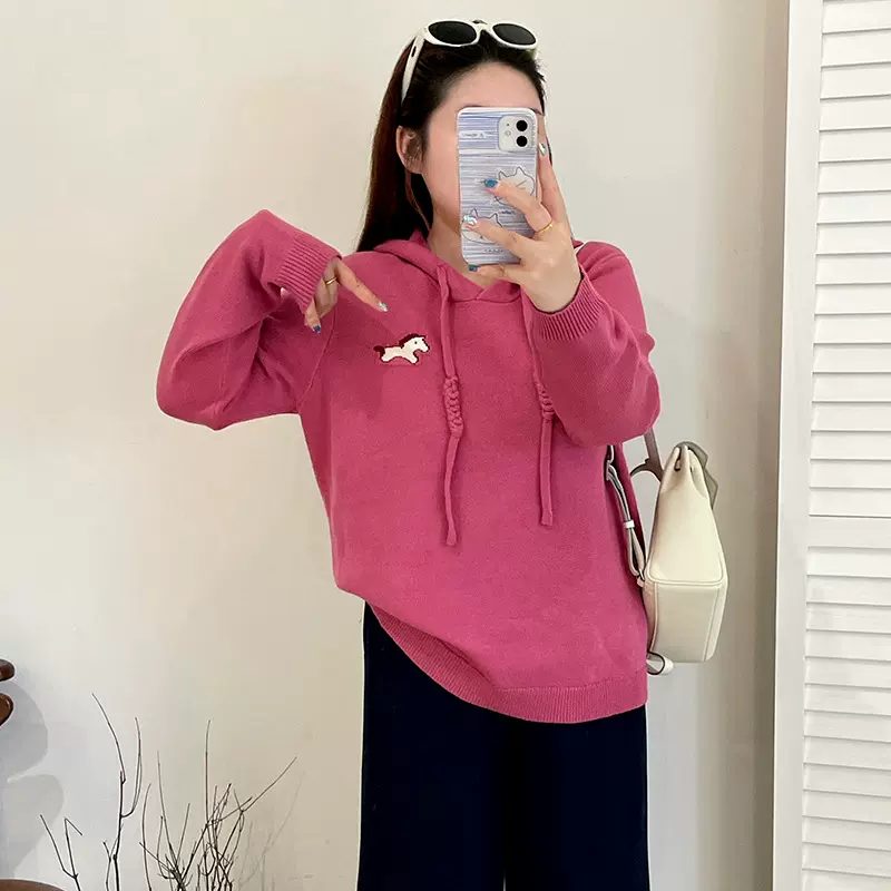 大码女装休闲连帽卫衣女套头衫2025冬款胖mm提花小马针织衫23610