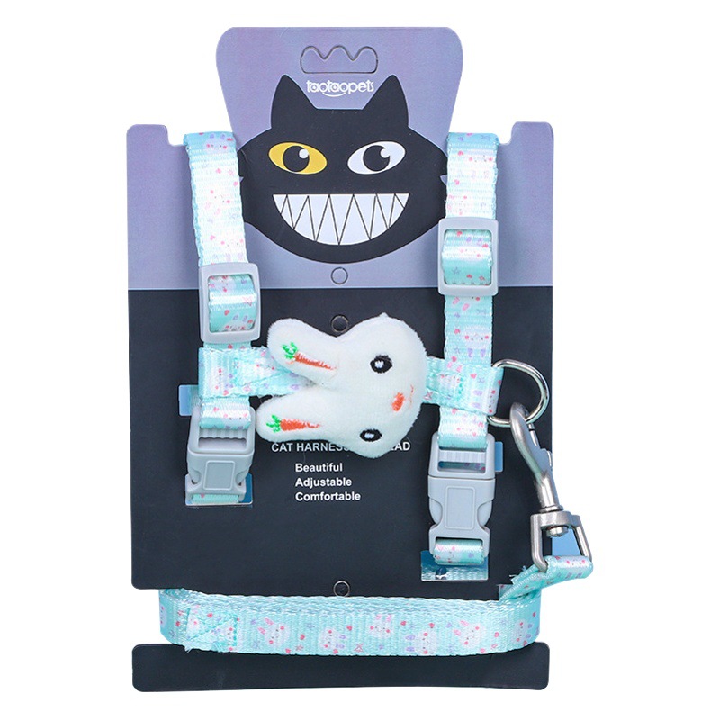 Correa de tracción en forma de I para conejos y gatos de dibujos animados, correa de nailon ajustable para el pecho y la espalda, correa antideslizante para pasear gatos, venta al por mayor.