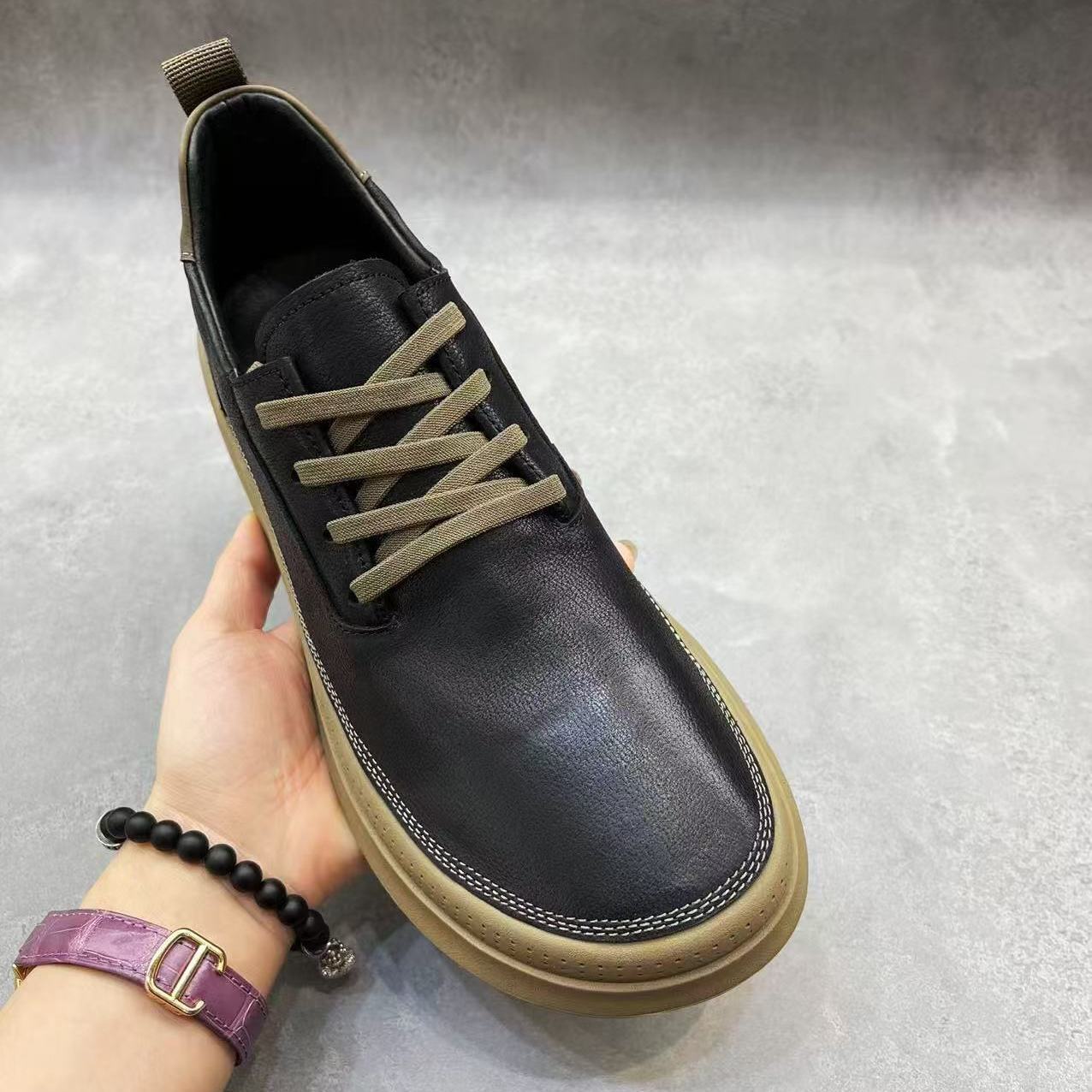 Men's Shoes 2025 Spring New Casual Shoes Men's Leather Shoes Versatile Fashion Sneakers Trendy Color Matching Low-Top Lace-Up Shoes