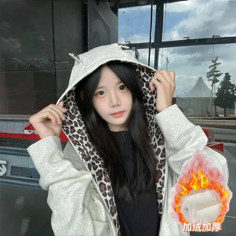 美式复古连帽卫衣外套女2025秋季豹纹拼接开衫宽松情侣拉链上衣潮|undefined
