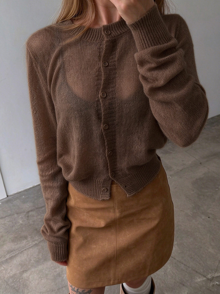 Áo cardigan len nữ dệt kim mỏng cổ tròn dáng rộng phối nút — Vàng nhạt, màu hồng, màu nâu, trắng