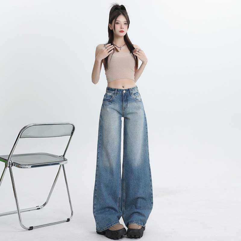 Wholesale American Retro Washed Loose Straight Jeans for Women Versatile Drape Floor-Length Wide-Leg Pants