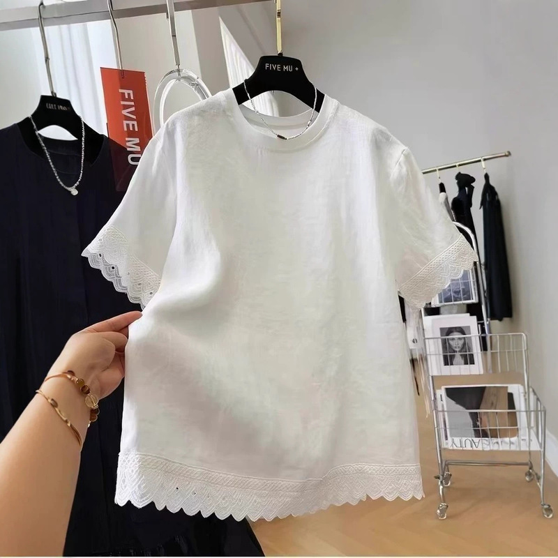 This Year's Trendy and Very Attractive Lace-Trimmed Short-Sleeve T-Shirt for Women, 2026 New Summer Style, Plus-Size Belly-Covering Ramie Top This Year's Trendy and Very Attractive Lace-Trimmed Short-Sleeve T-Shirt for Women, 2026 New Summer Style, Plus-Size Belly-Covering Ramie Top
