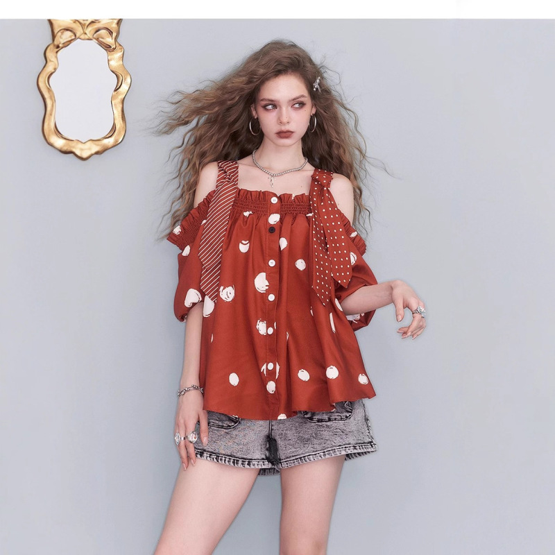 In-Stock Same Style: "Polka Dot Queen" French-Style Off-Shoulder Polka Dot Shirt with Ruffled Edge and Short Sleeves