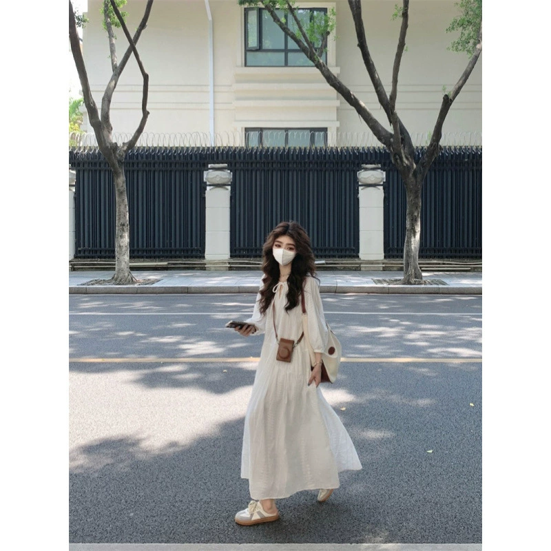 Рекая цена # Солнце и лунный свет маленькая белая юбка ~ Супер тяжелая вышивка французское платье на шнуровке женское свободное платье с длинными рукавами