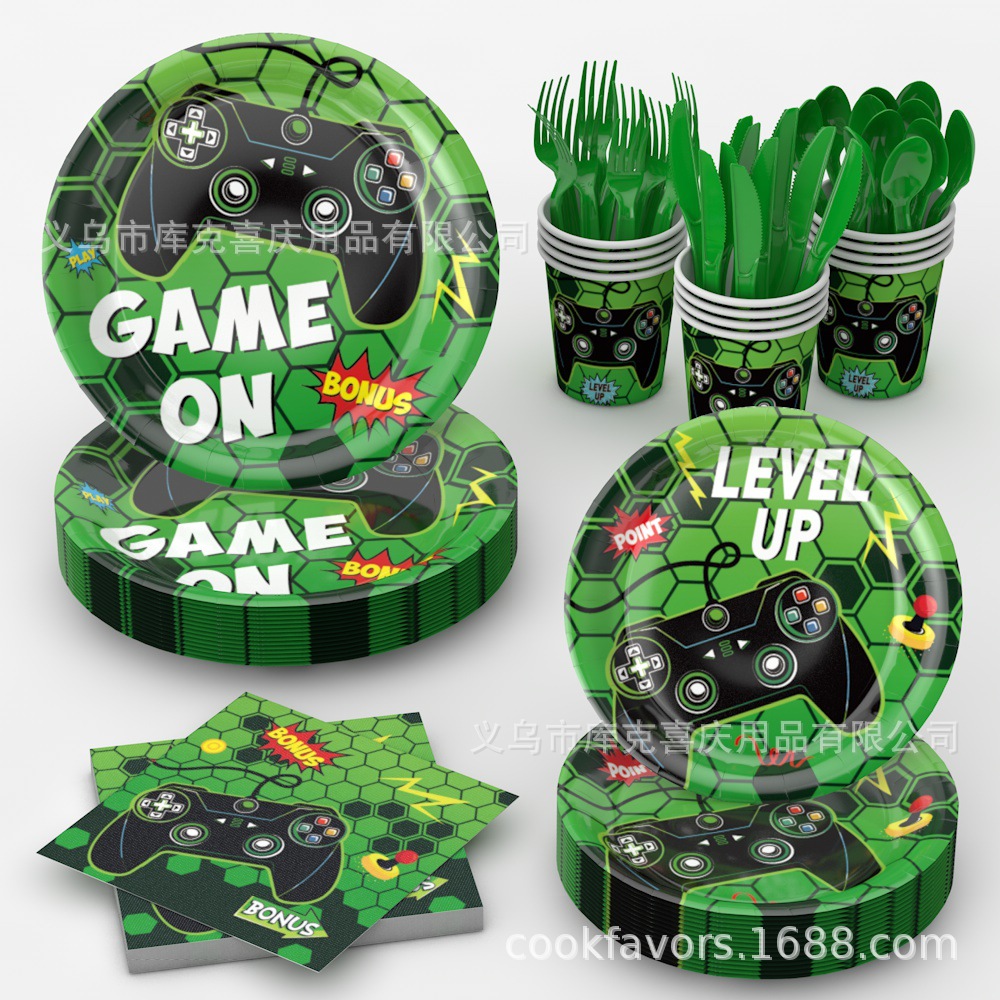 Nuevo mango de juego verde bandeja de papel desechable tazas de papel mesa cubiertos set de decoración de fiesta de cumpleaños para niños