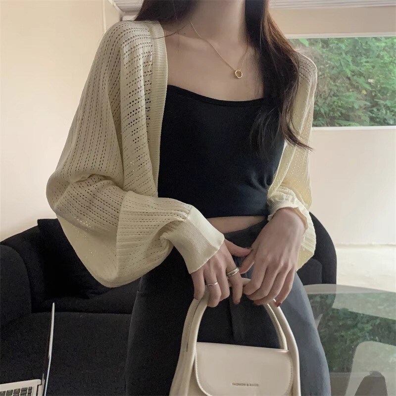 Summer Small Waistle Short Hollow Cardigan Women's Thin Shawl Long-sleeved Knit Blouse Small Jacket