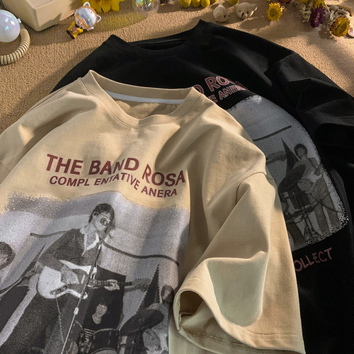 INS Short-Sleeve T-Shirt for Guys, Hong Kong-Style Printed Crewneck Tee—Simple, Versatile, and Trendy Brand-Label 3/4-Length Top