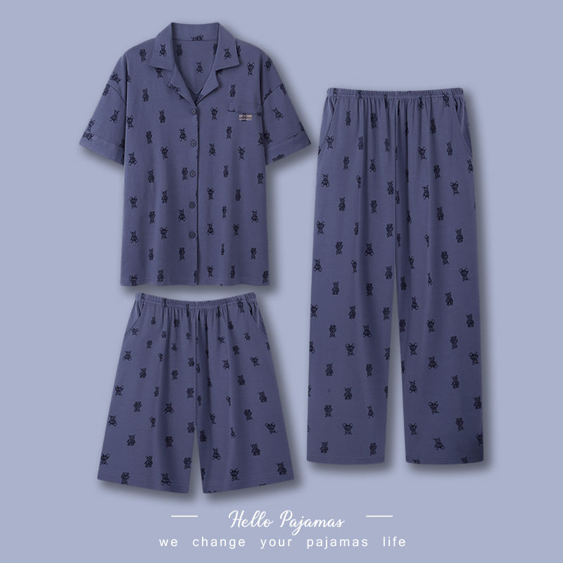 Pijamas de tres piezas para hombre verano 100% algodón pantalones de manga corta traje Delgado verano dibujos animados más tamaño homewear