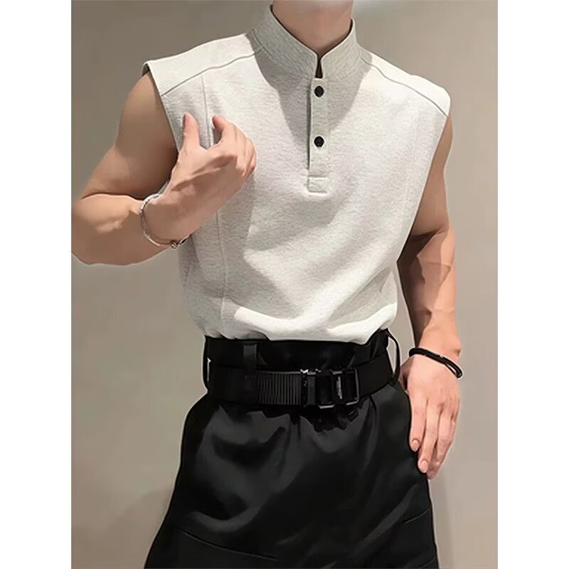 Simple Solid Color Foreign Trade Sleeveless Henley Collar Design Sports Vest Top Men's Sportswear Trendy Affordable T-Shirt Simple Solid Color Foreign Trade Sleeveless Henley Collar Design Sports Vest Top Men's Sportswear Trendy Affordable T-Shirt