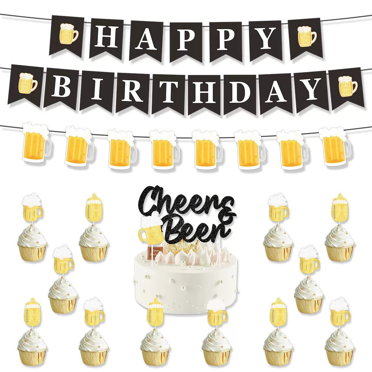 跨境迎婴派对装饰生日快乐横幅CHEERS BEER干杯蛋糕插牌批发定制