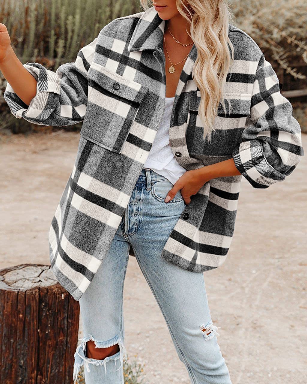 2022 Amazon Otoño e Invierno ropa de mujer transfronteriza europea y americana Amazon botón a cuadros franela abrigo de camisa de lana