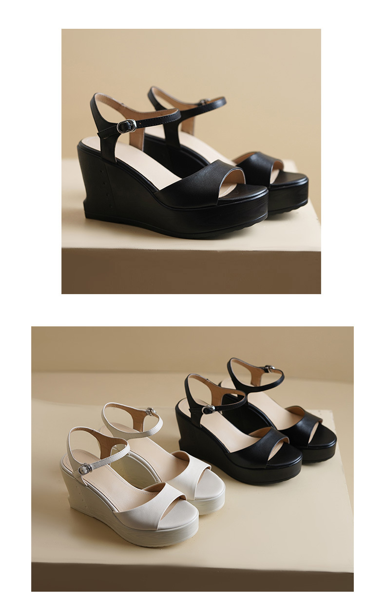 Sandal nữ da bò cao cấp quai ngang mũi hở gót nêm đế platform — màu đen, màu trắng ngà chi tiết 7