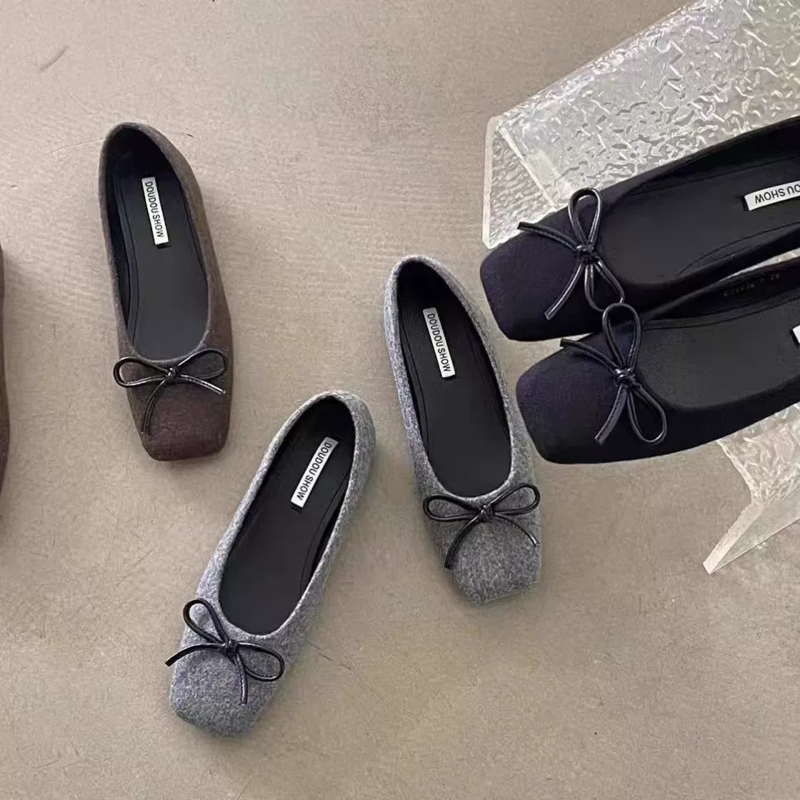 Туфли-лодочки с квадратным носком, бантом и неглубоким вырезом, осень 2025, новые, лёгкие, французские, слипоны, бабушкины