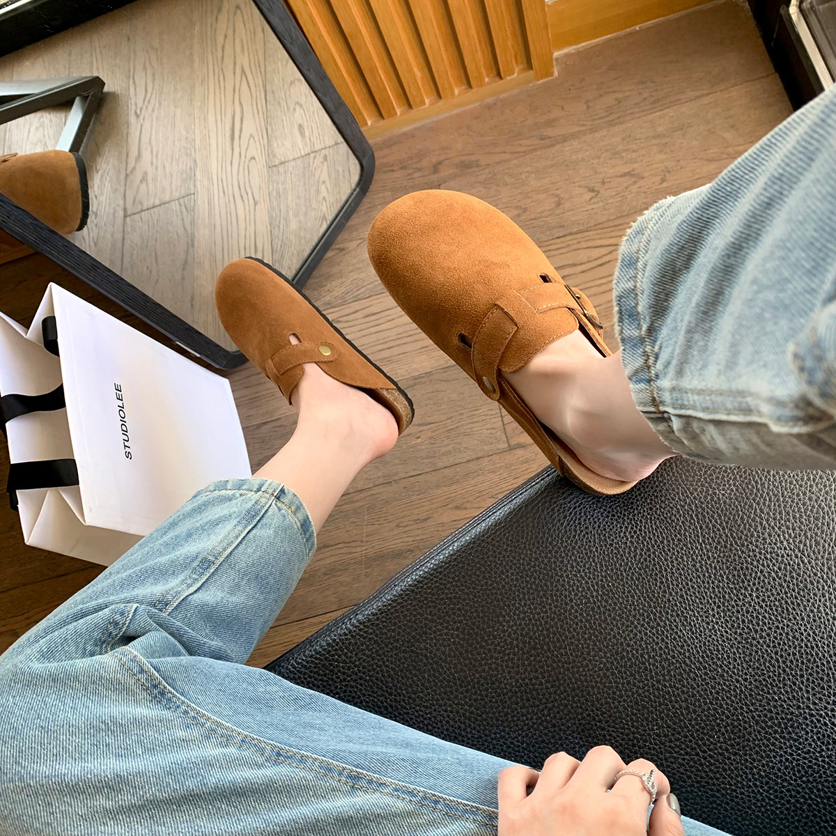 Suisanxi mismo estilo cuero genuino vintage Boken zapatos planos cerrados dedo del pie medio zapatillas verano de las mujeres desgaste exterior punta redonda Boken sandalias