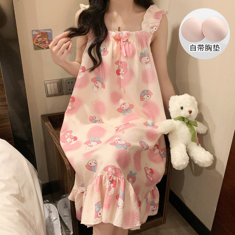 Verano nuevo lindo pijama vestido de mujer simple dibujos animados dulce estudiante con cojín de pecho pijama casero al por mayor