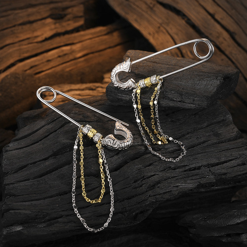 S925 Pure Silver Icicle Pattern Earrings with Exquisite Texture, Golden and Silver Contrast, Tassel Chain, Spiral Pin Ear Clasp, Elegant Style