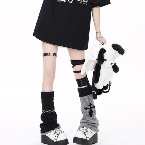 Double-sided lolita leg covers, calf knitted pile socks, black and pink y2k socks, jk personalized color matching socks