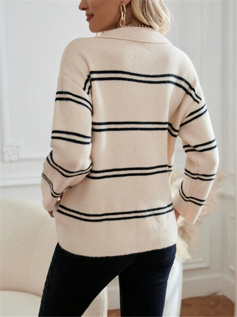 Women's Striped Polo Sweater – V-Neck, Contrast Trim, Long Sleeve (White/Black/Apricot/Red, S-L)_ecoleips.com