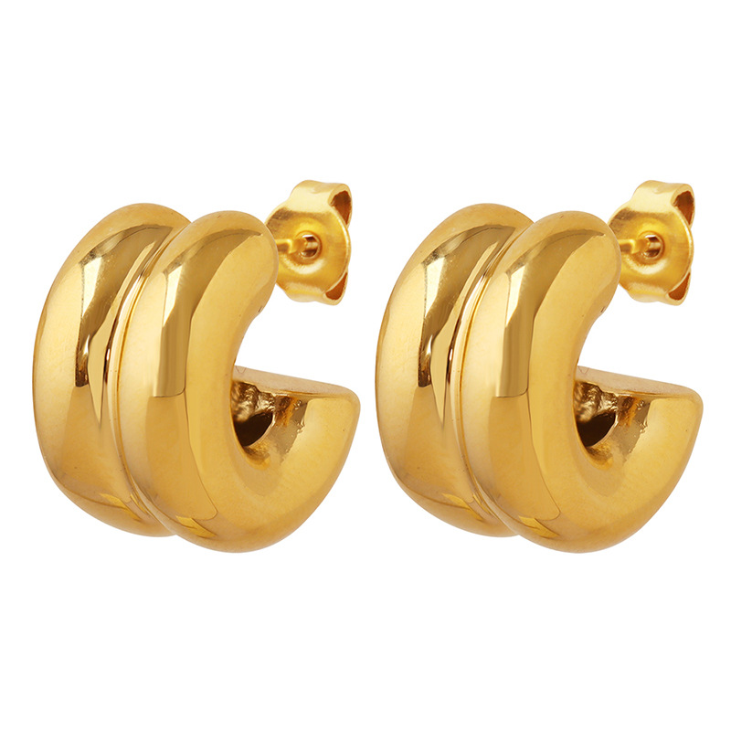 Pendientes de espejo de medio anillo de doble capa en forma de C para mujer pendientes chapados en oro de 18K accesorios de acero de titanio retro minimalista europeo y americano que no se desvanecen