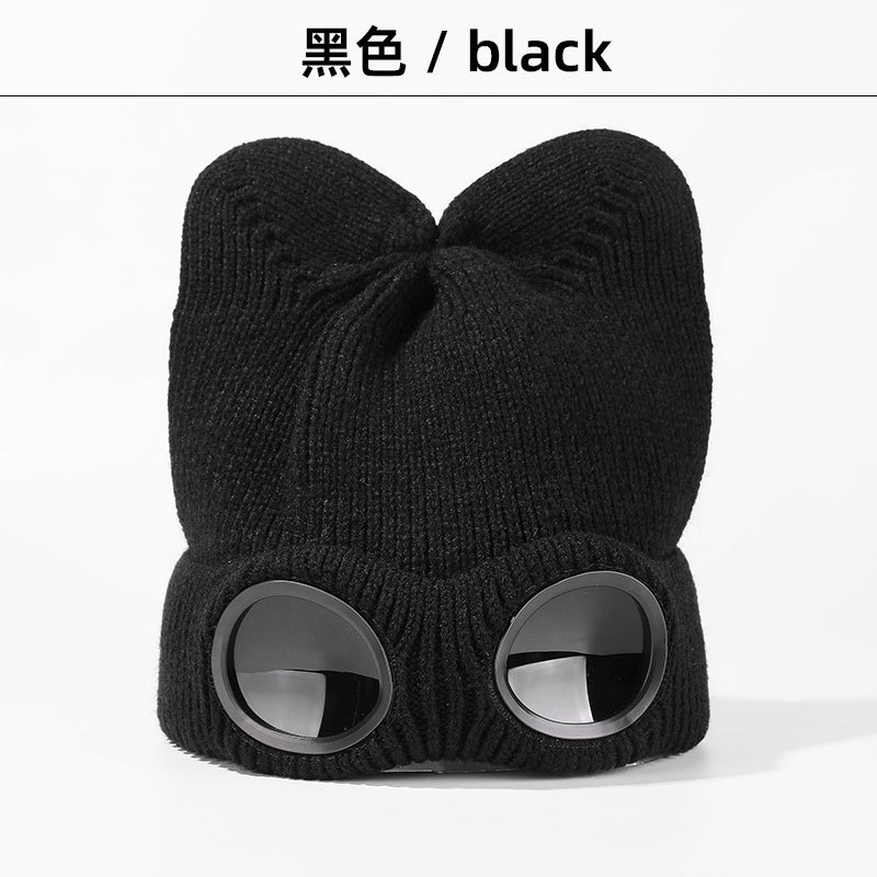 冬季新款时尚猫耳朵针织套头帽飞行员眼镜毛线帽加绒保暖护目冷帽|undefined